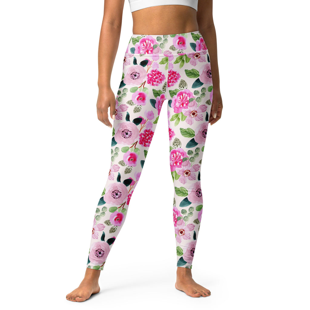 Women's Pink Watercolor Floral Buttery Soft Yoga Leggings - Quick Drying, High Waisted Comfort