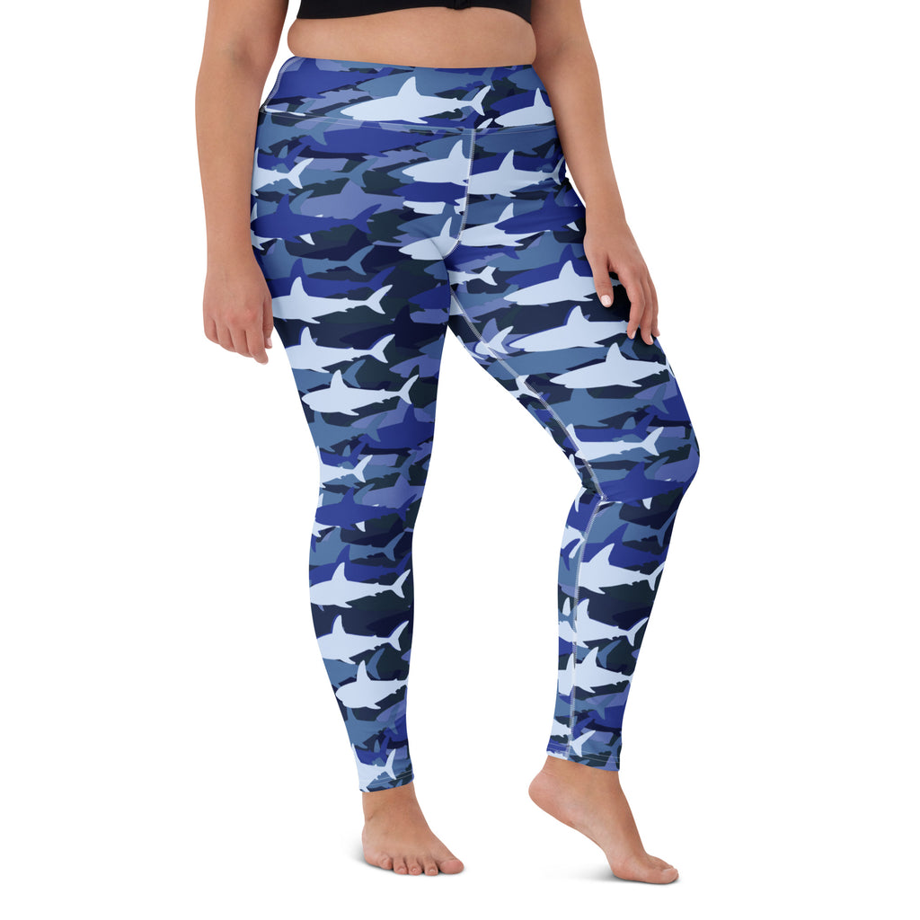 Women's Blue Shark Camouflage Buttery Soft Yoga Leggings - Quick Drying, High Waisted Comfort