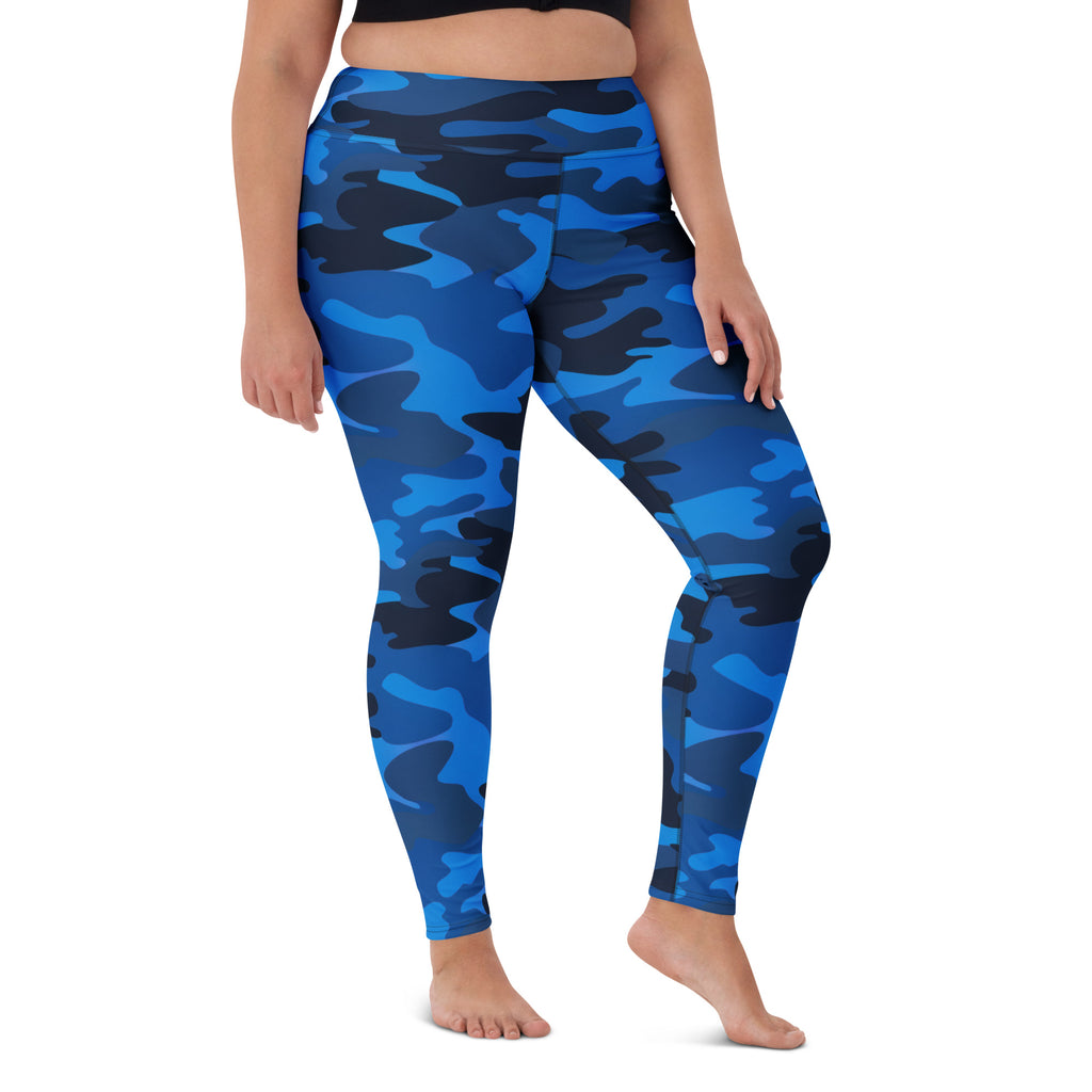 Women's Blue Camouflage Buttery Soft Yoga Leggings - Quick Drying, High Waisted Comfort