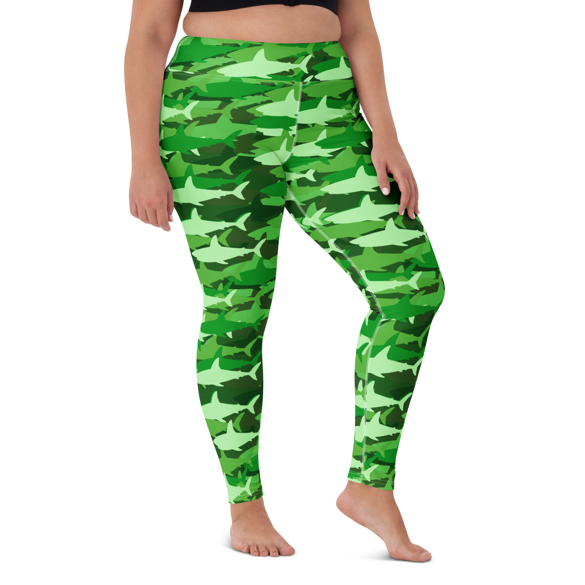 Women's Green Shark Camouflage Buttery Soft Yoga Leggings - Quick Drying, High Waisted Comfort