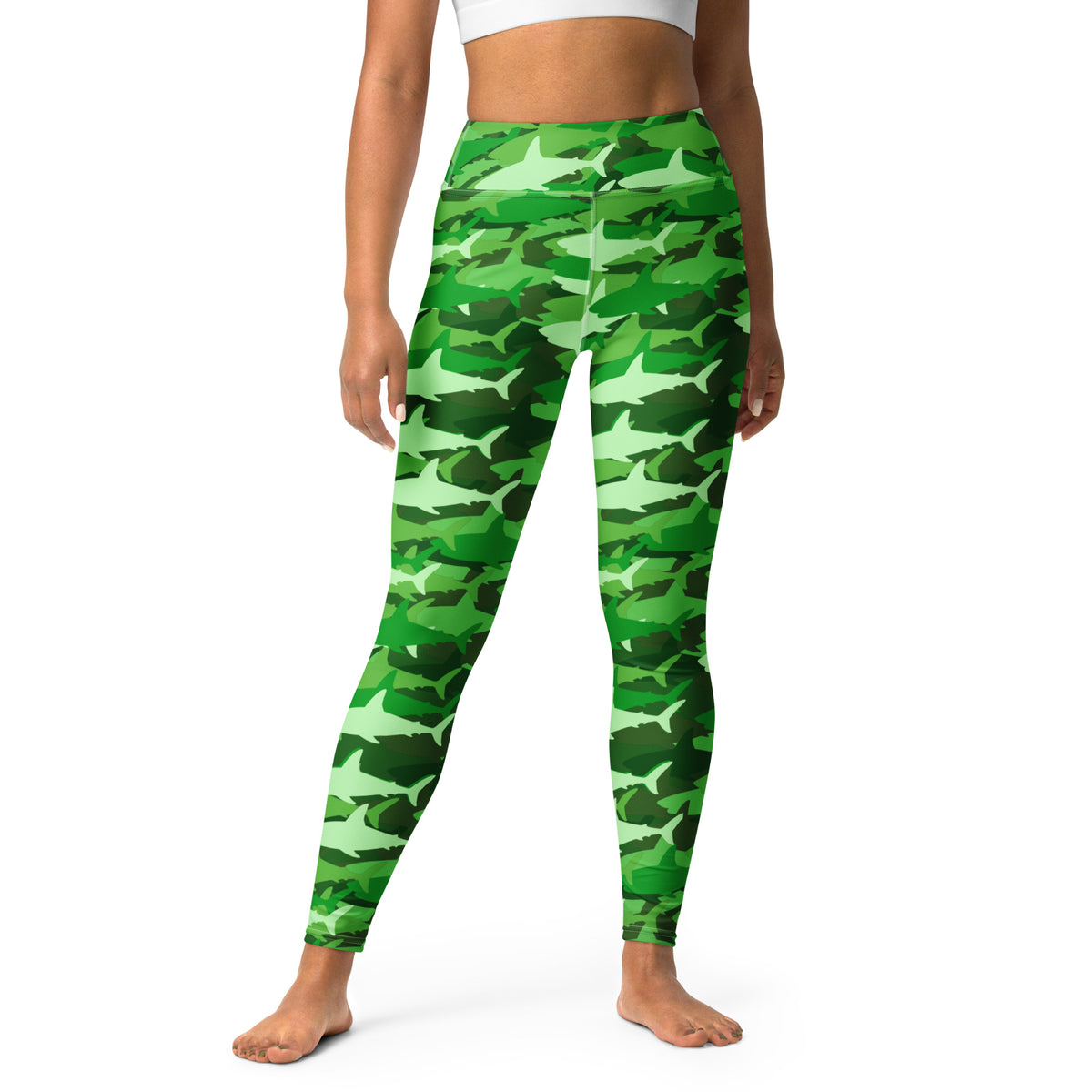 Women's Green Shark Camouflage Buttery Soft Yoga Leggings - Quick Drying, High Waisted Comfort