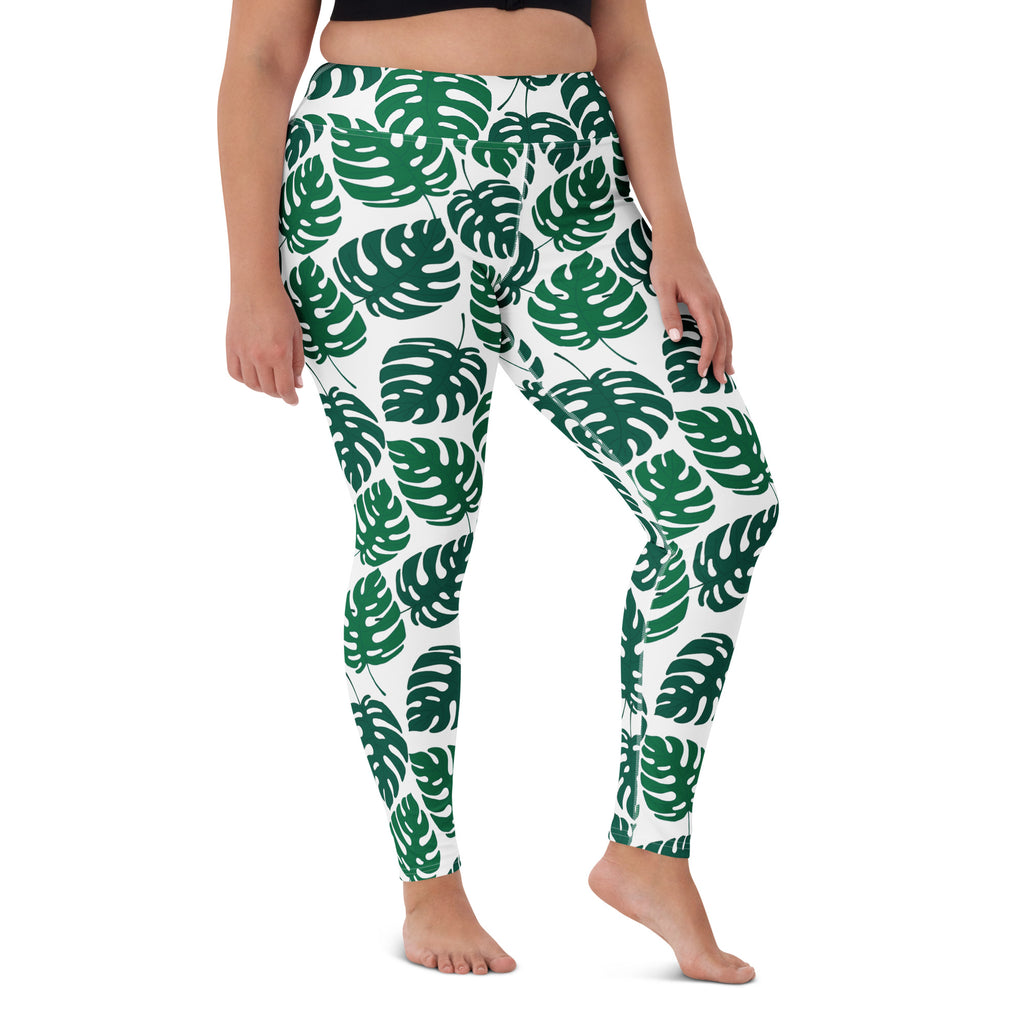 Women's Green Monstera Leaf Buttery Soft Yoga Leggings - Quick Drying, High Waisted Comfort