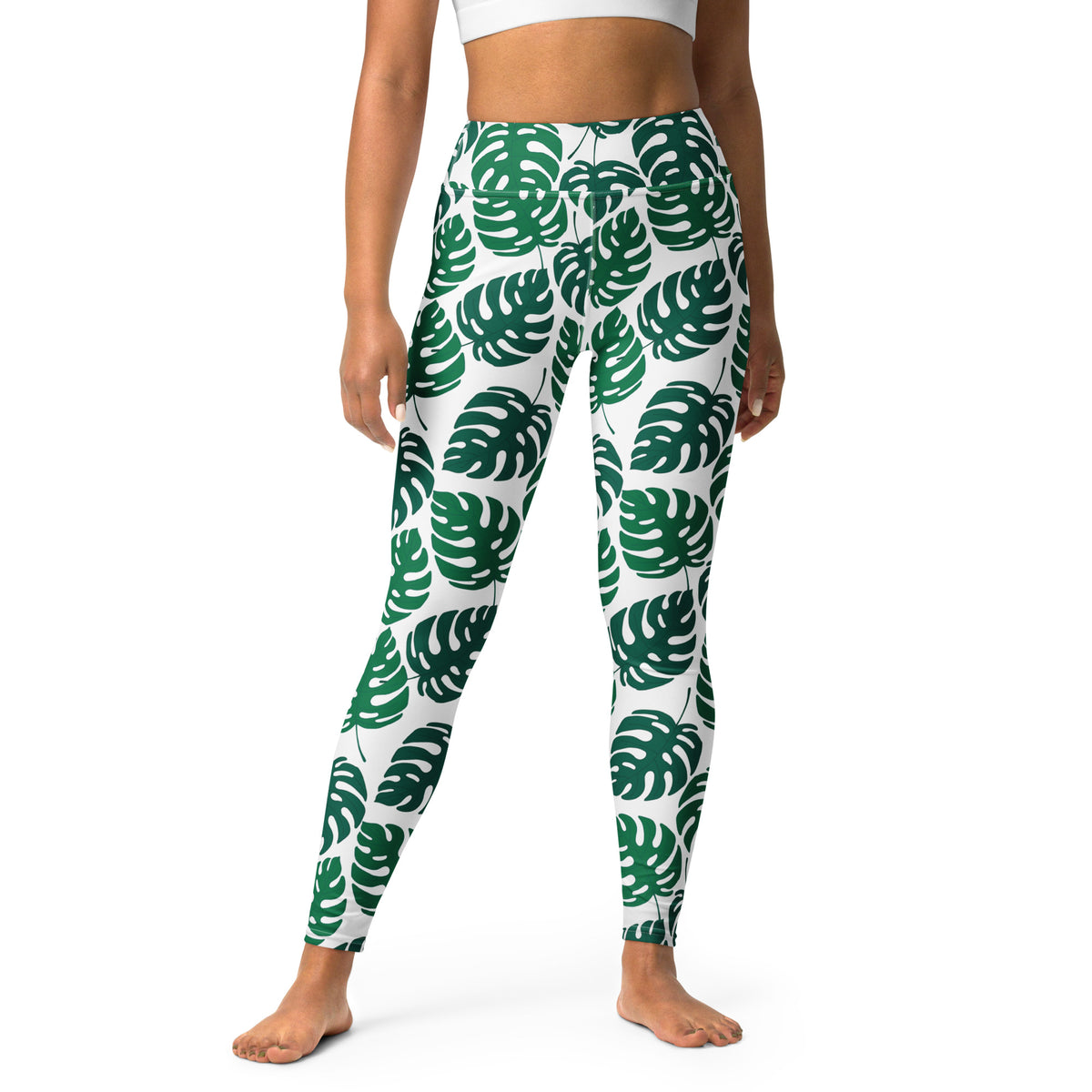 Women's Green Monstera Leaf Buttery Soft Yoga Leggings - Quick Drying, High Waisted Comfort
