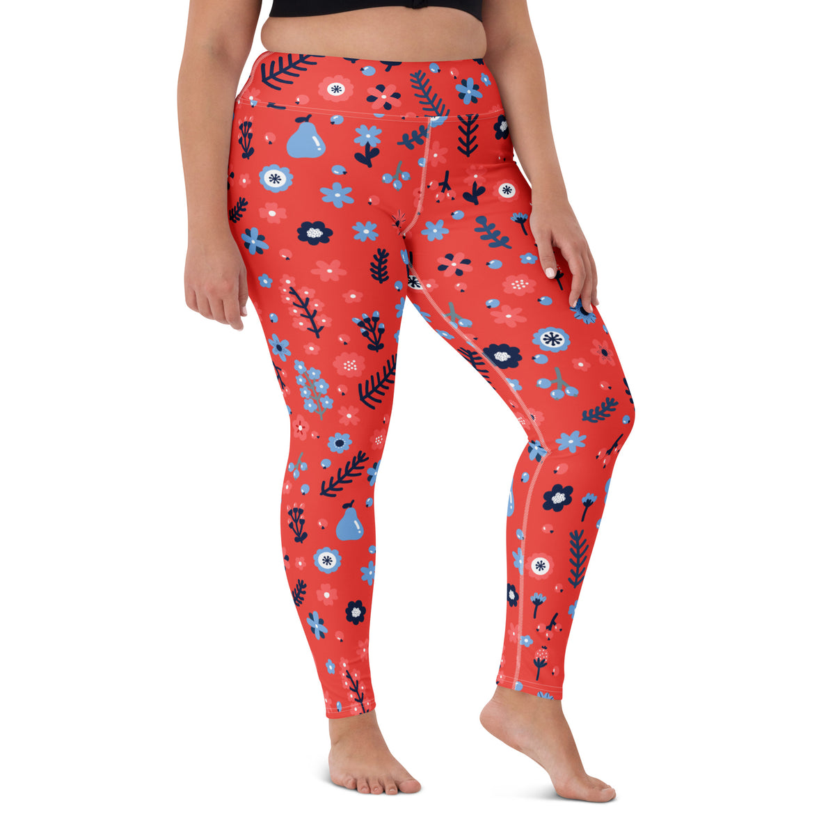 Women's Red Floral Buttery Soft Yoga Leggings - Quick Drying, High Waisted Comfort