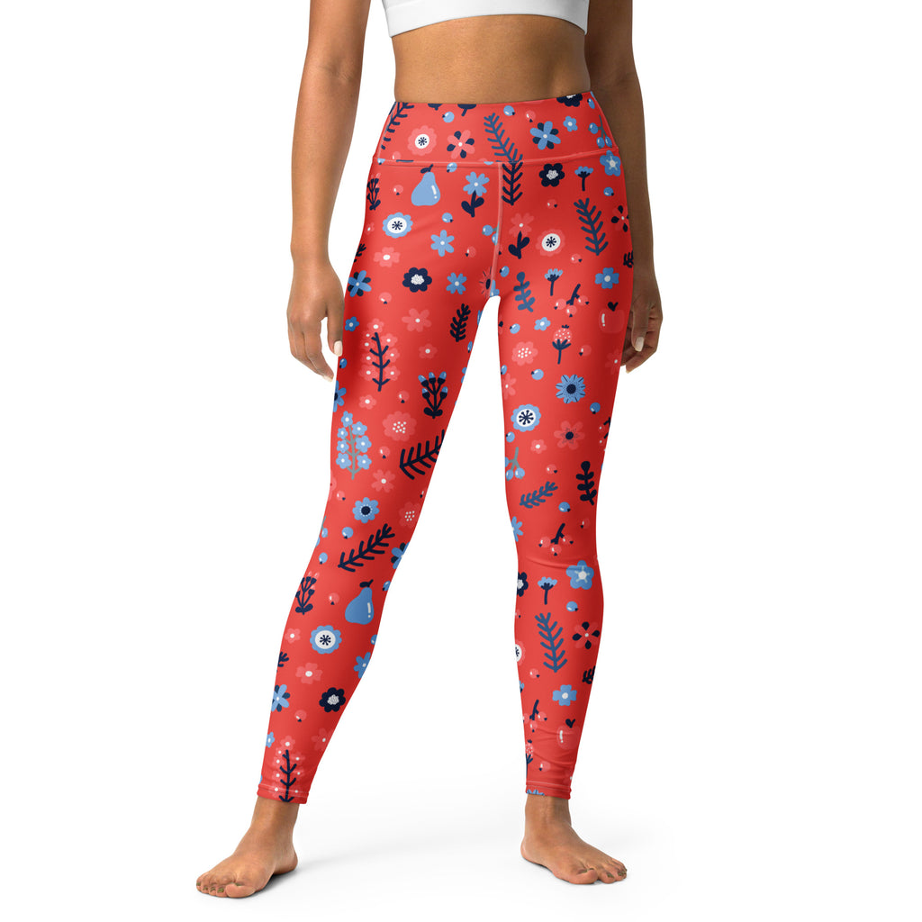 Women's Red Floral Buttery Soft Yoga Leggings - Quick Drying, High Waisted Comfort