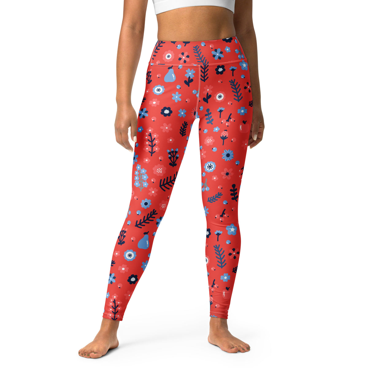 Women's Red Floral Buttery Soft Yoga Leggings - Quick Drying, High Waisted Comfort