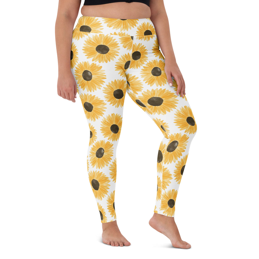 Women's Watercolor Sunflower Buttery Soft Yoga Leggings - Quick Drying, High Waisted Comfort