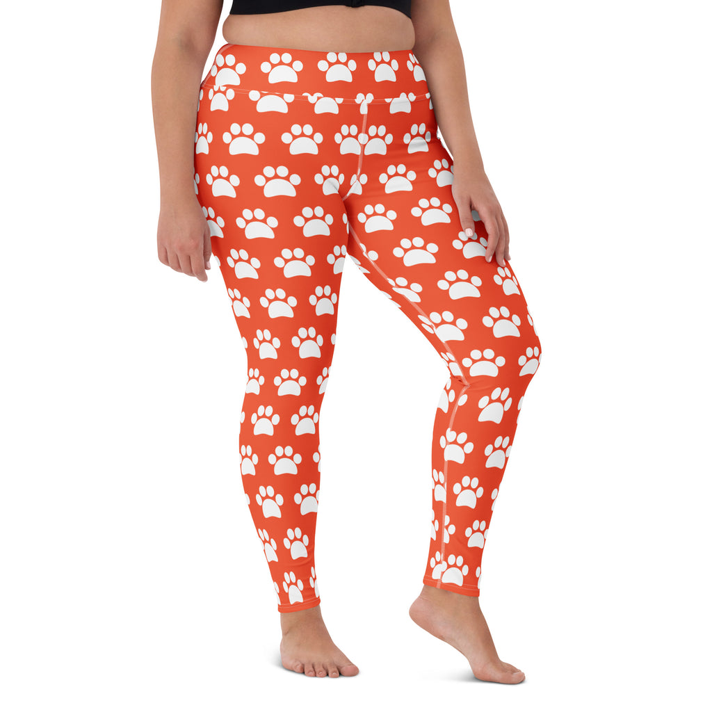 Women's Bright Orange Paw Print Buttery Soft Yoga Leggings - Quick Drying, High Waisted Comfort