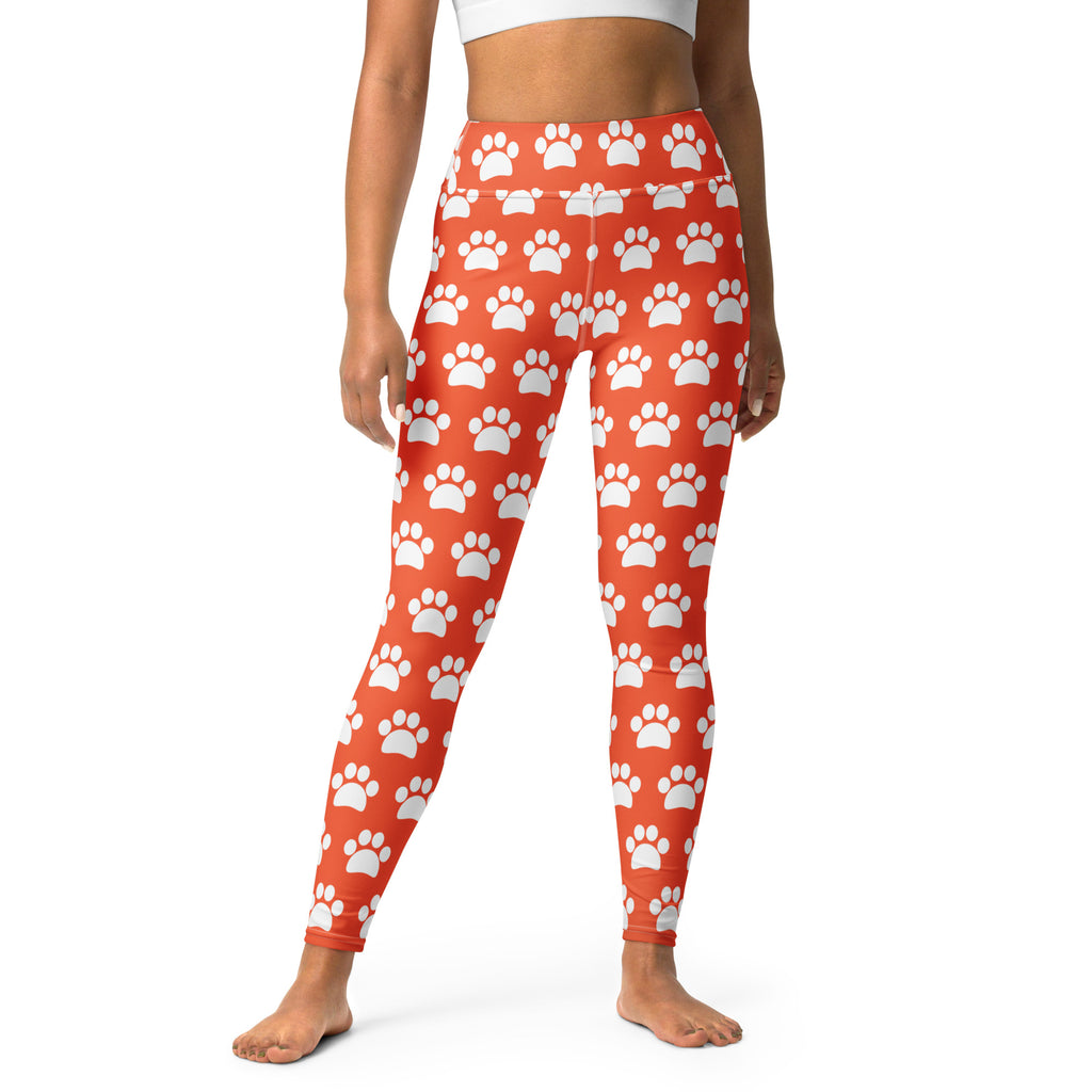 Women's Bright Orange Paw Print Buttery Soft Yoga Leggings - Quick Drying, High Waisted Comfort