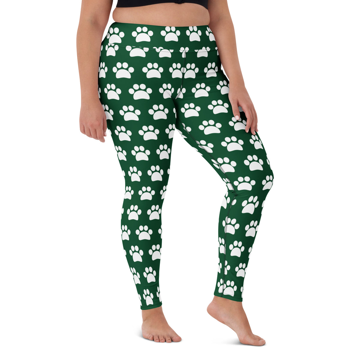 Women's Forest Green Paw Print Buttery Soft Yoga Leggings - Quick Drying, High Waisted Comfort