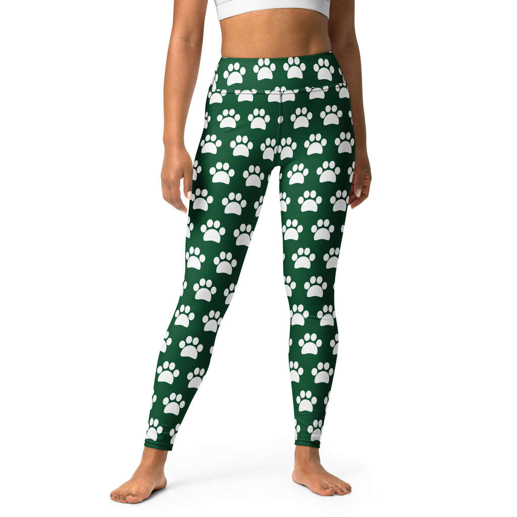 Women's Forest Green Paw Print Buttery Soft Yoga Leggings - Quick Drying, High Waisted Comfort