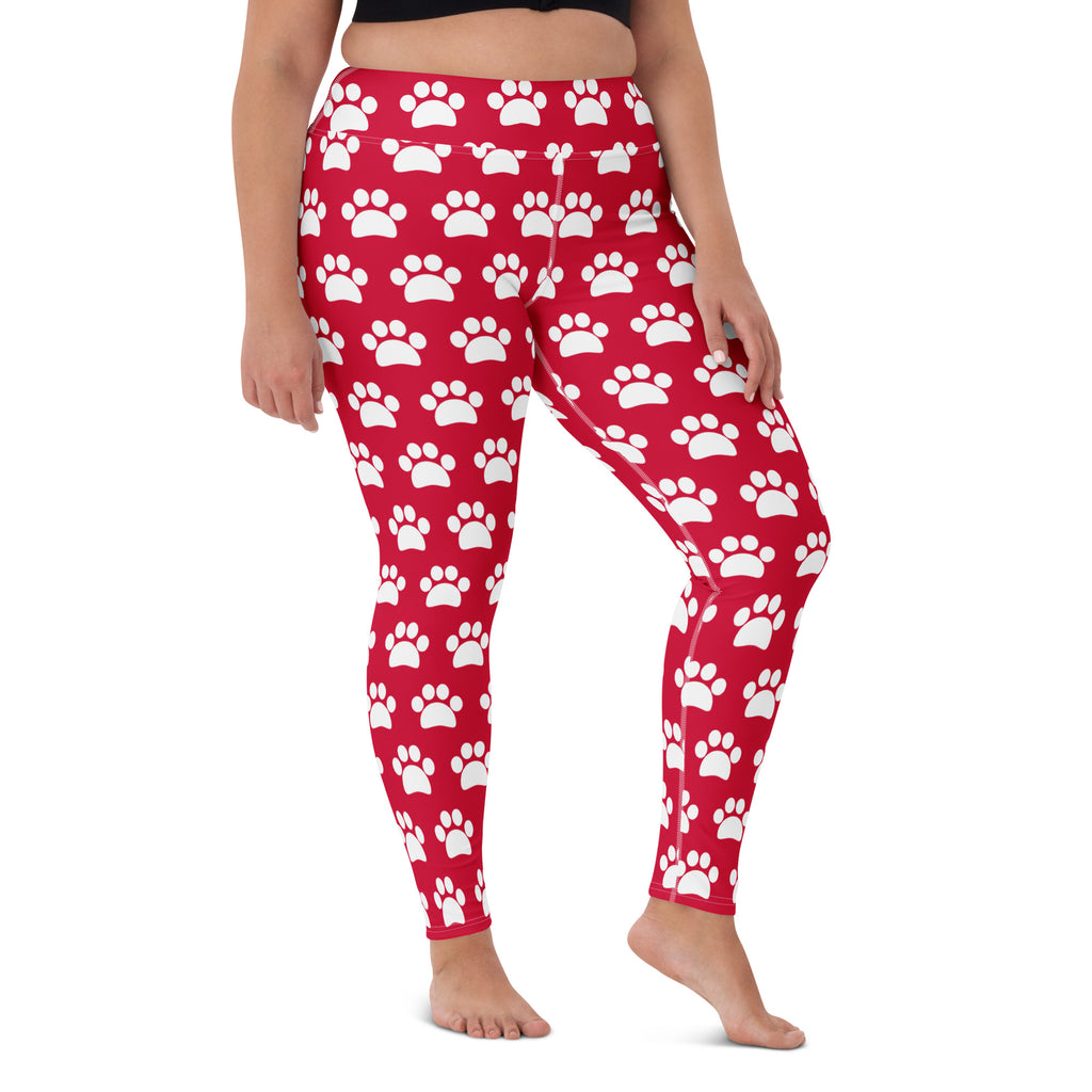 Women's Crimson Red Paw Print Buttery Soft Yoga Leggings - Quick Drying, High Waisted Comfort