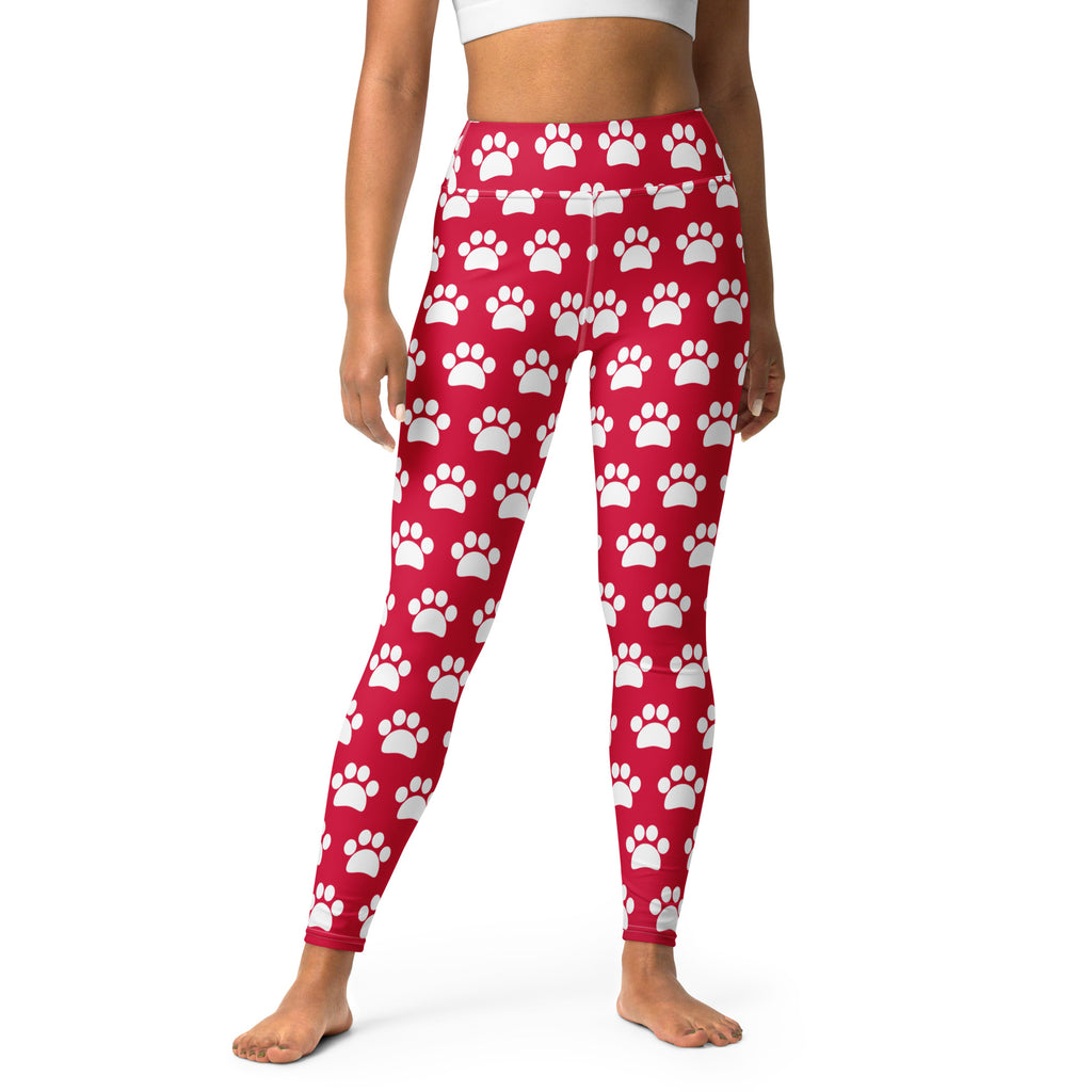 Women's Crimson Red Paw Print Buttery Soft Yoga Leggings - Quick Drying, High Waisted Comfort
