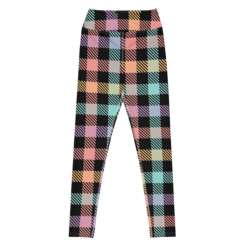 Women's Colorful Black Pastel Plaid Buttery Soft Yoga Leggings - Quick Drying, High Waisted Comfort