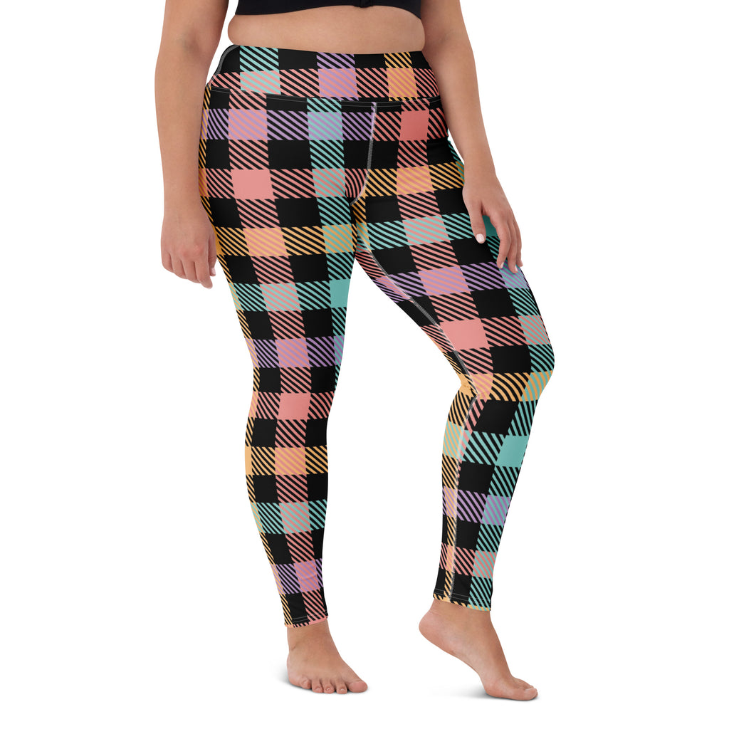 Women's Colorful Black Pastel Plaid Buttery Soft Yoga Leggings - Quick Drying, High Waisted Comfort