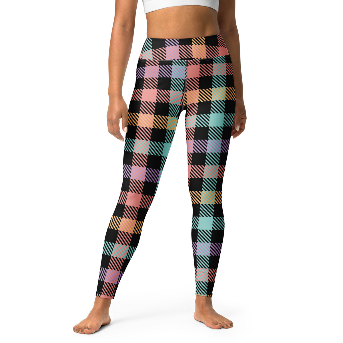 Women's Colorful Black Pastel Plaid Buttery Soft Yoga Leggings - Quick Drying, High Waisted Comfort