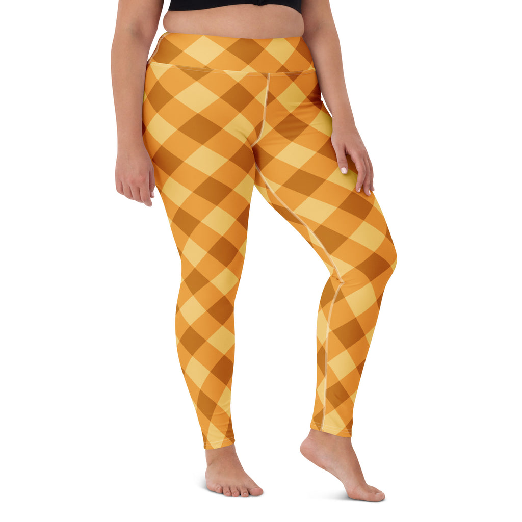 Women's Orange Plaid Buttery Soft Yoga Leggings - Quick Drying, High Waisted Comfort