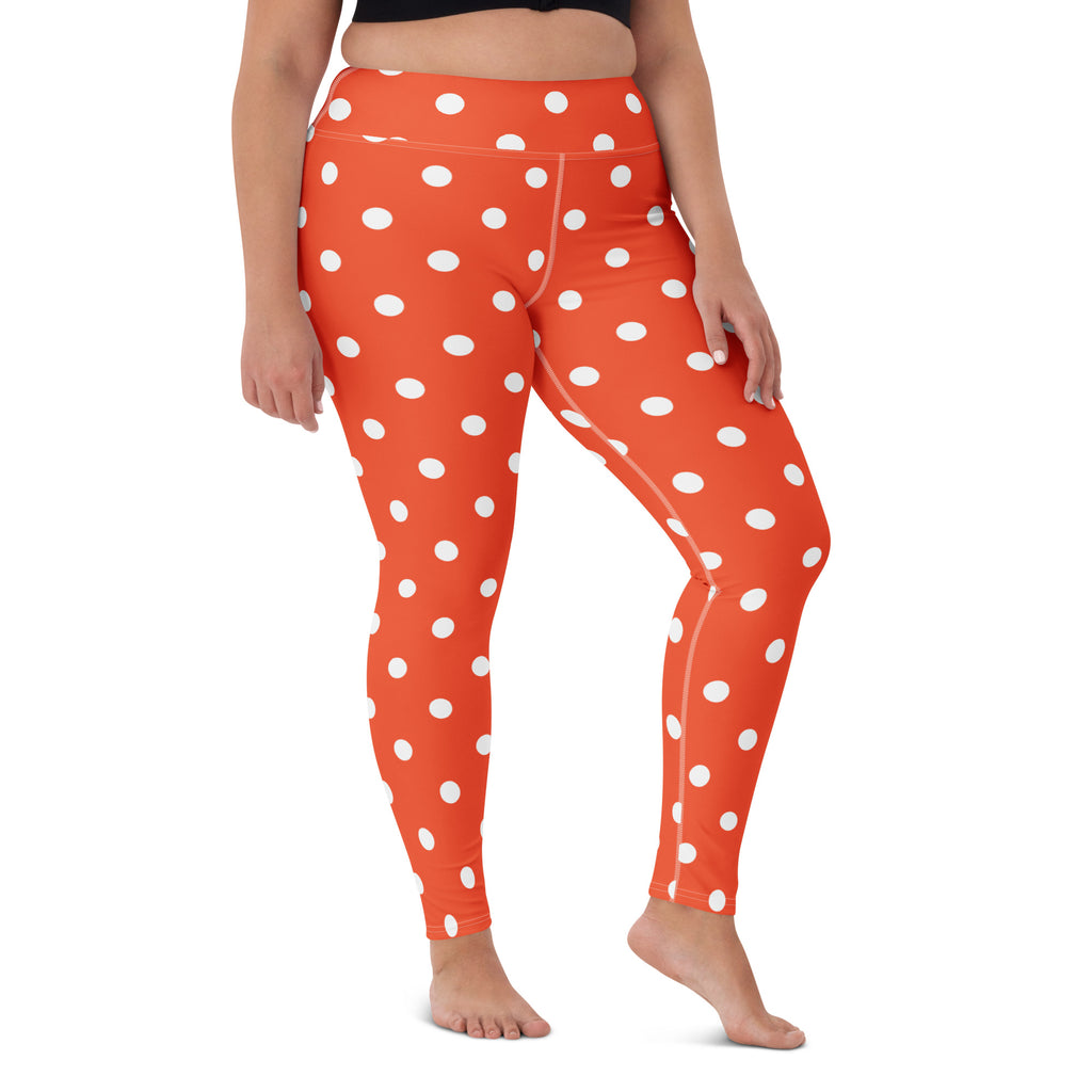 Women's Bright Orange Polka Dot Buttery Soft Yoga Leggings - Quick Drying, High Waisted Comfort