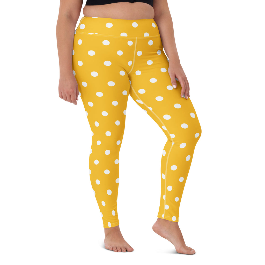 Women's Yellow Polka Dot Buttery Soft Yoga Leggings - Quick Drying, High Waisted Comfort