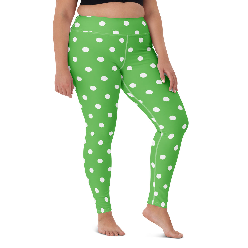 Women's Green Polka Dot Buttery Soft Yoga Leggings - Quick Drying, High Waisted Comfort