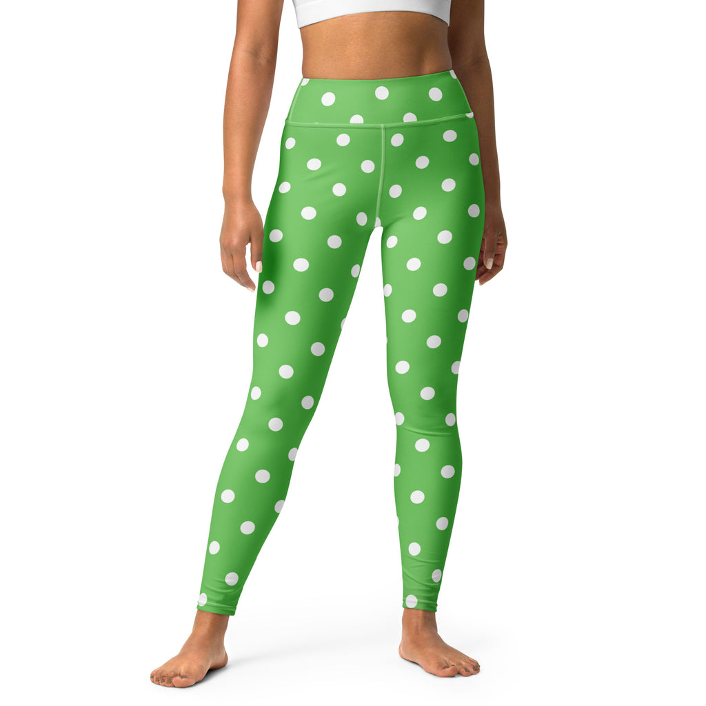 Women's Green Polka Dot Buttery Soft Yoga Leggings - Quick Drying, High Waisted Comfort