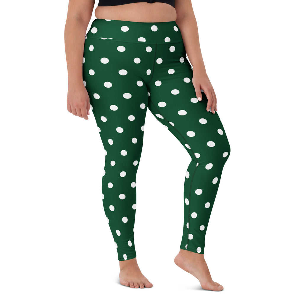 Women's Forest Green Polka Dot Buttery Soft Yoga Leggings - Quick Drying, High Waisted Comfort