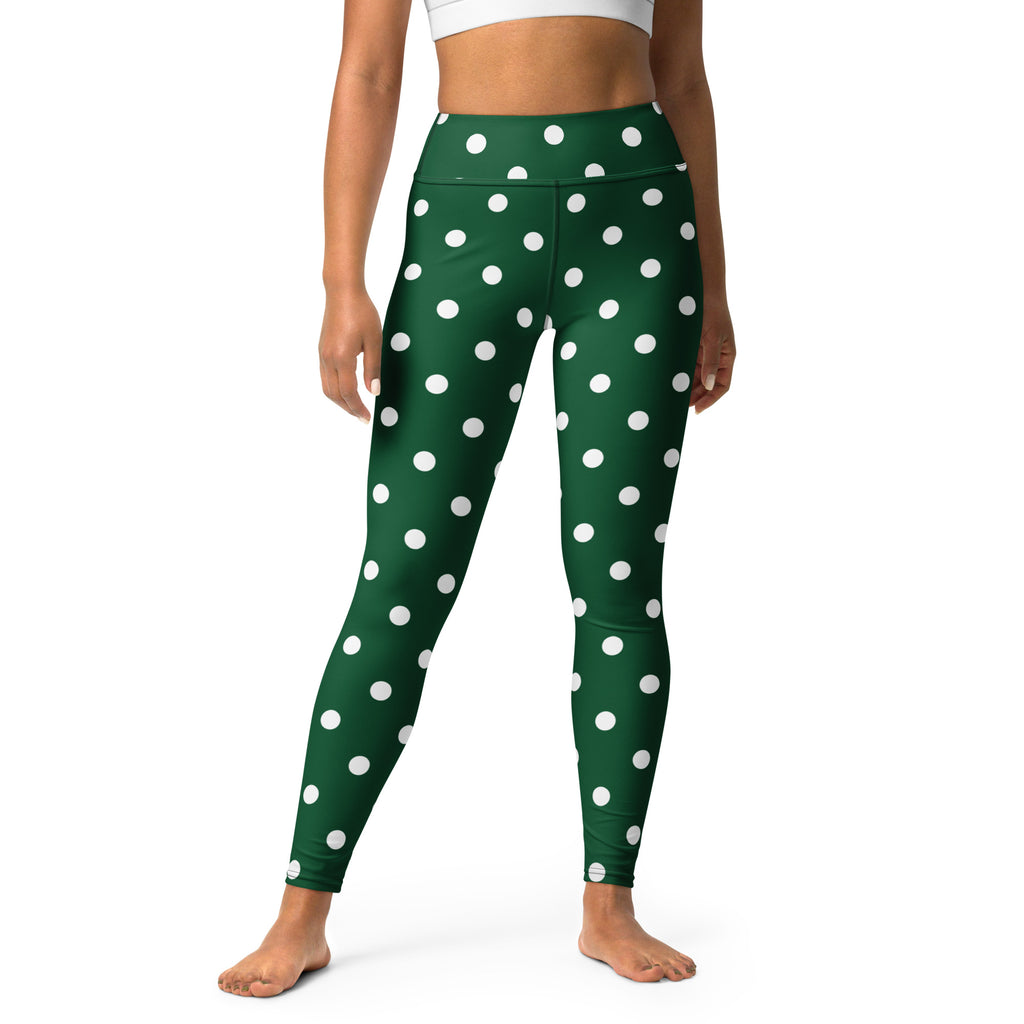 Women's Forest Green Polka Dot Buttery Soft Yoga Leggings - Quick Drying, High Waisted Comfort