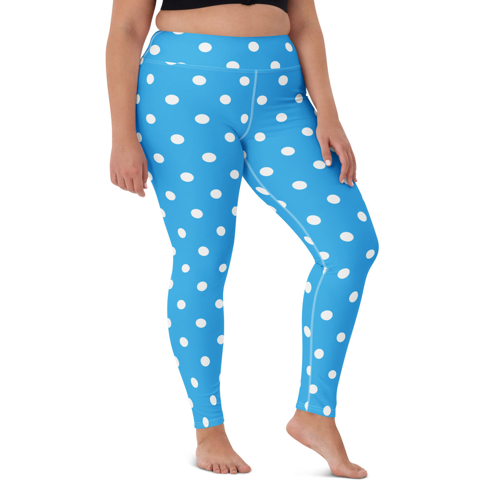 Women's Bright Sky Blue Polka Dot Buttery Soft Yoga Leggings - Quick Drying, High Waisted Comfort
