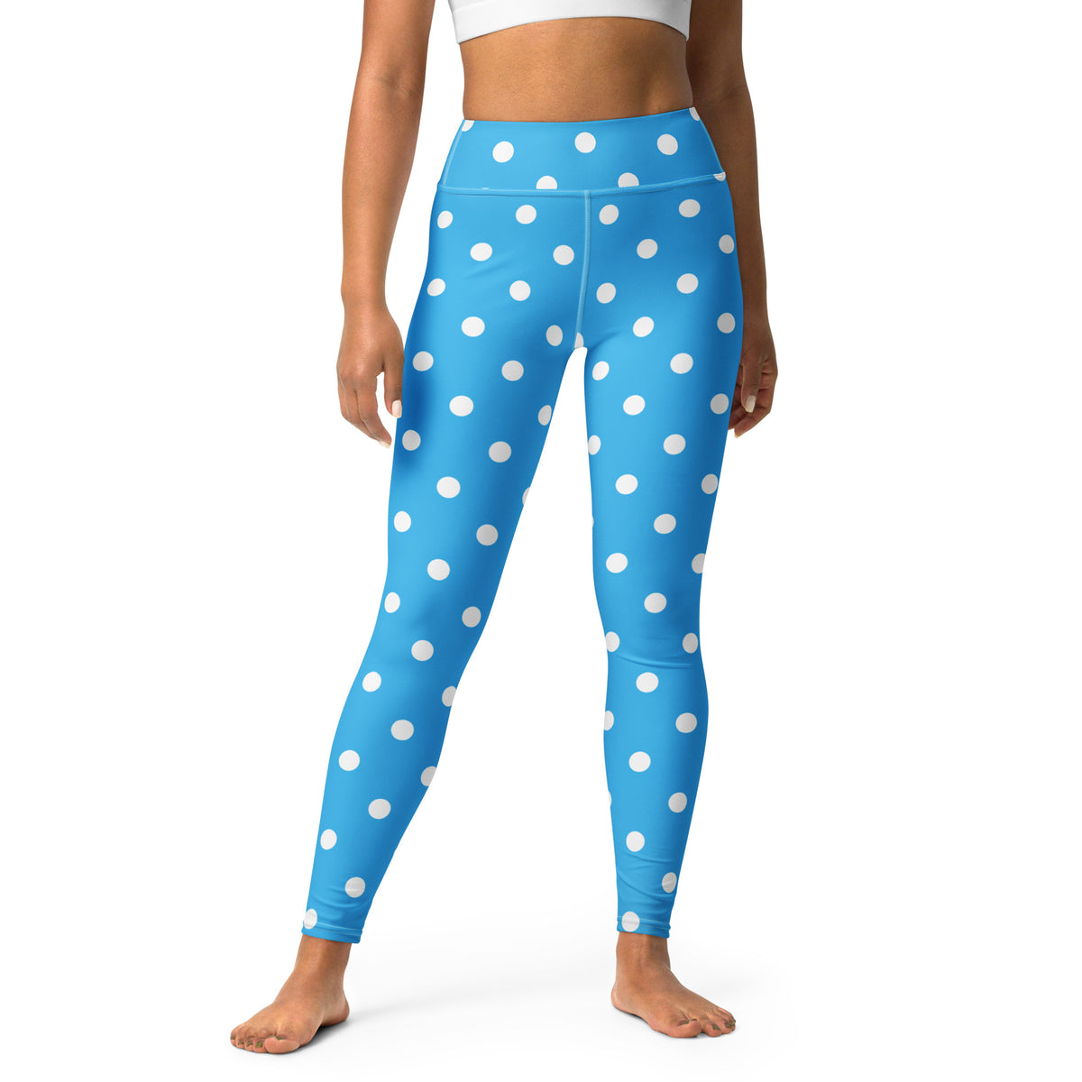 Women's Bright Sky Blue Polka Dot Buttery Soft Yoga Leggings - Quick Drying, High Waisted Comfort