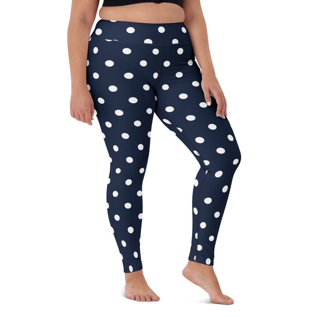Women's Navy Blue Polka Dot Buttery Soft Yoga Leggings - Quick Drying, High Waisted Comfort