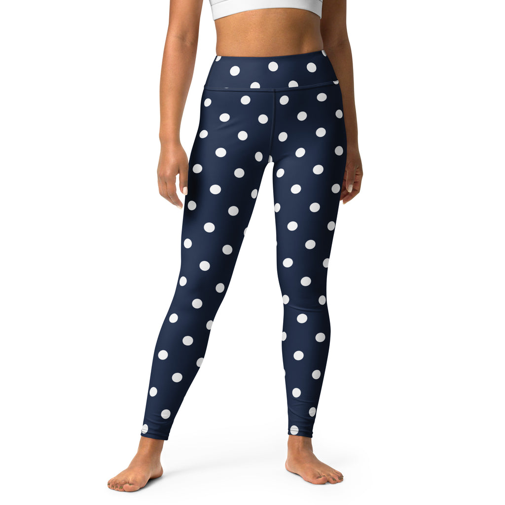 Women's Navy Blue Polka Dot Buttery Soft Yoga Leggings - Quick Drying, High Waisted Comfort
