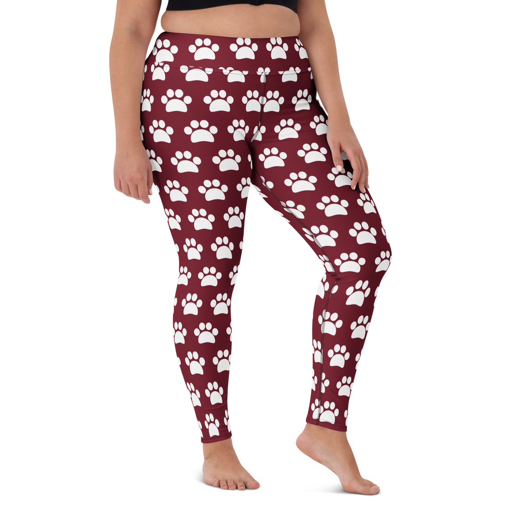 Women's Burgundy Paw Print Buttery Soft Yoga Leggings - Quick Drying, High Waisted Comfort