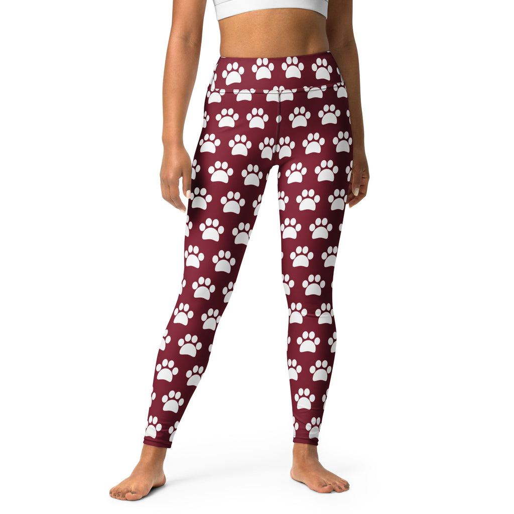 Women's Burgundy Paw Print Buttery Soft Yoga Leggings - Quick Drying, High Waisted Comfort