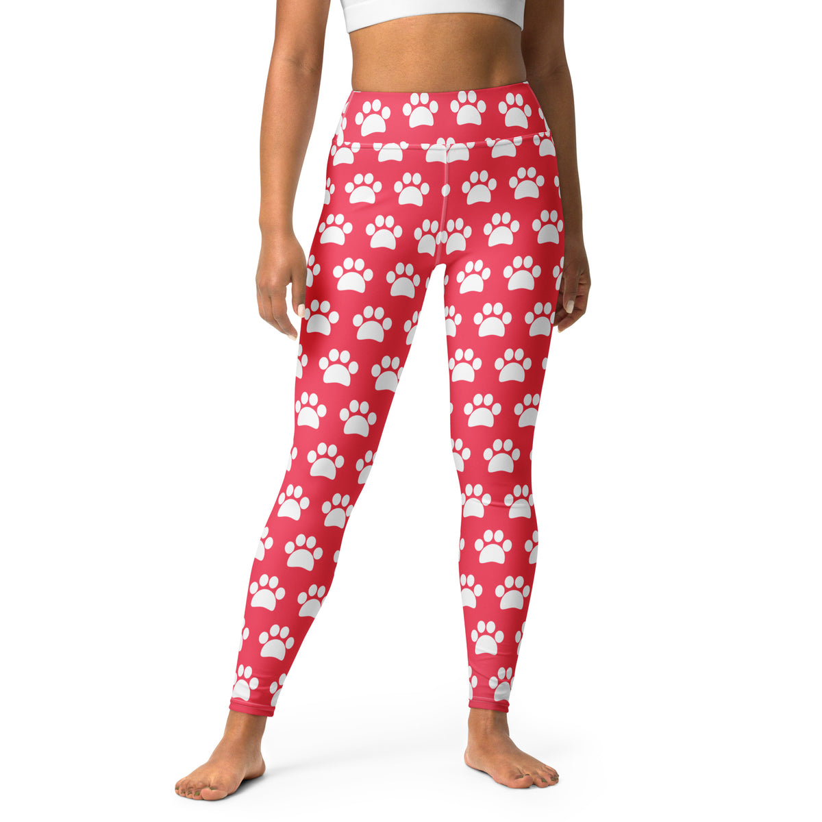 Women's Bright Pink Paw Print Buttery Soft Yoga Leggings - Quick Drying, High Waisted Comfort
