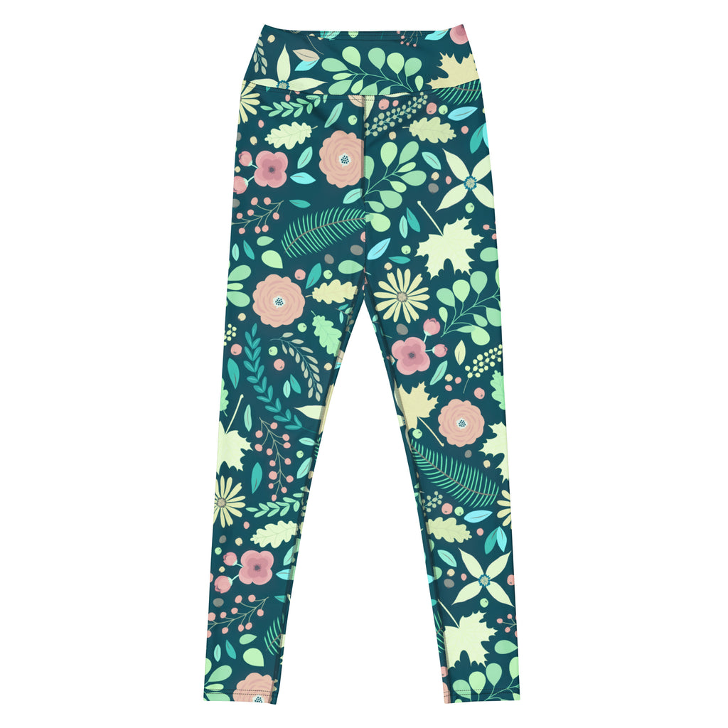 Women's Dark Green Floral Buttery Soft Yoga Leggings - Quick Drying, High Waisted Comfort