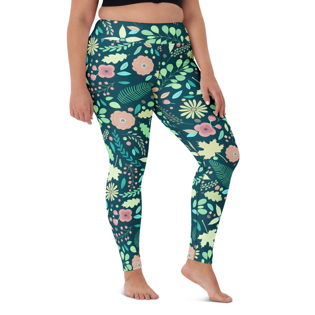 Women's Dark Green Floral Buttery Soft Yoga Leggings - Quick Drying, High Waisted Comfort