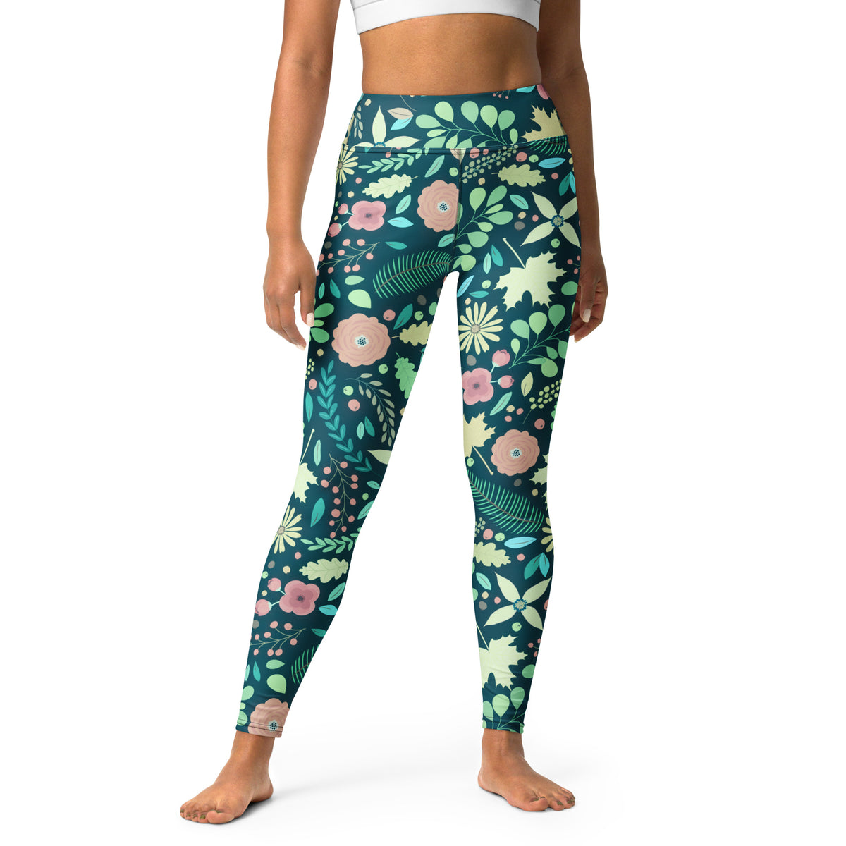 Women's Dark Green Floral Buttery Soft Yoga Leggings - Quick Drying, High Waisted Comfort