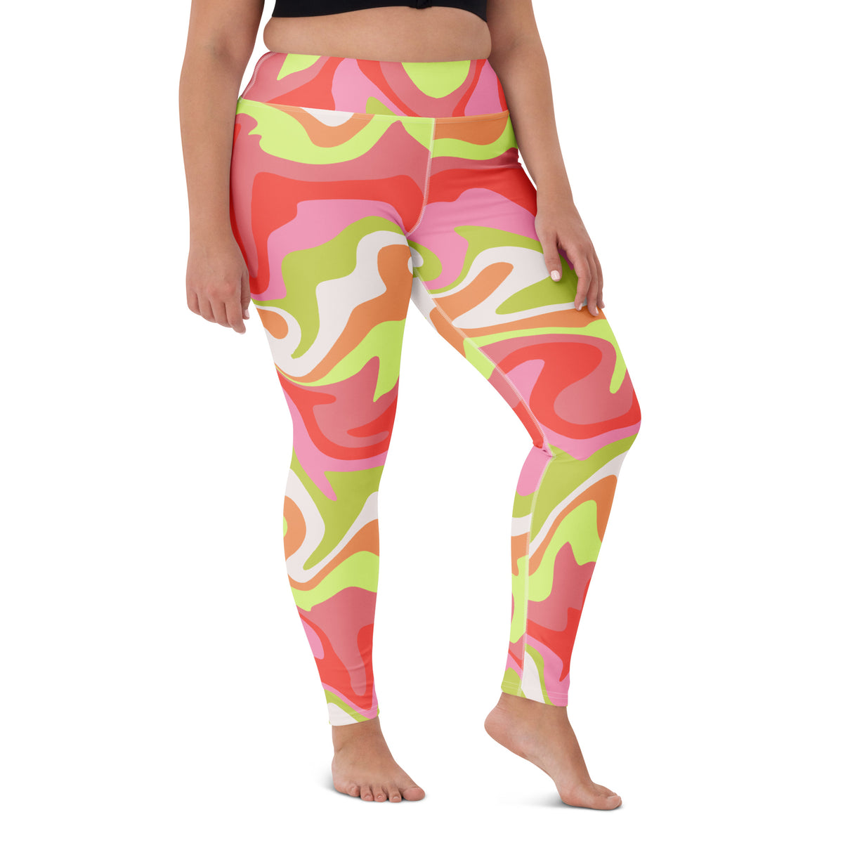 Women's Pink Green Retro Swirl Buttery Soft Yoga Leggings - Quick Drying, High Waisted Comfort