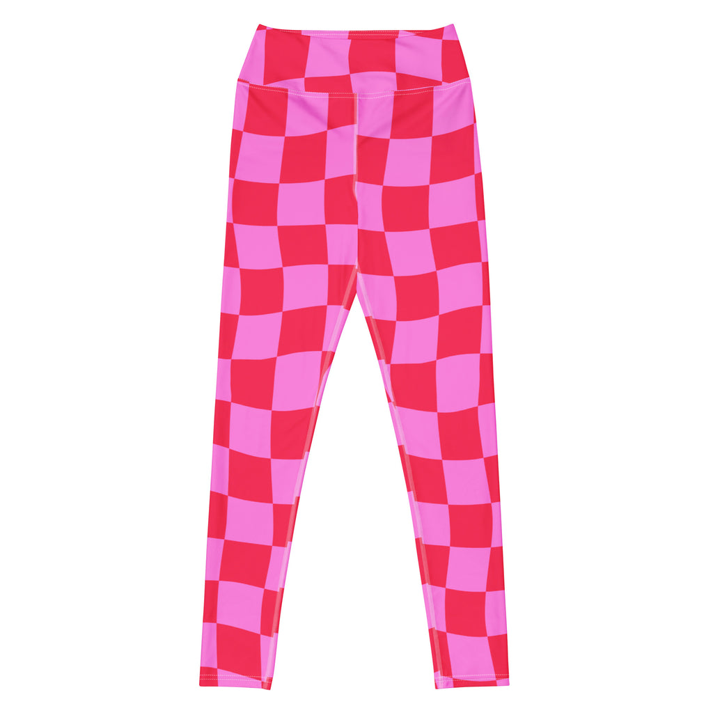 Women's Hot Pink Wavy Checkered Buttery Soft Yoga Leggings - Quick Drying, High Waisted Comfort
