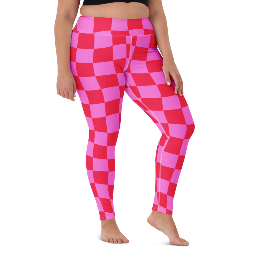 Women's Hot Pink Wavy Checkered Buttery Soft Yoga Leggings - Quick Drying, High Waisted Comfort
