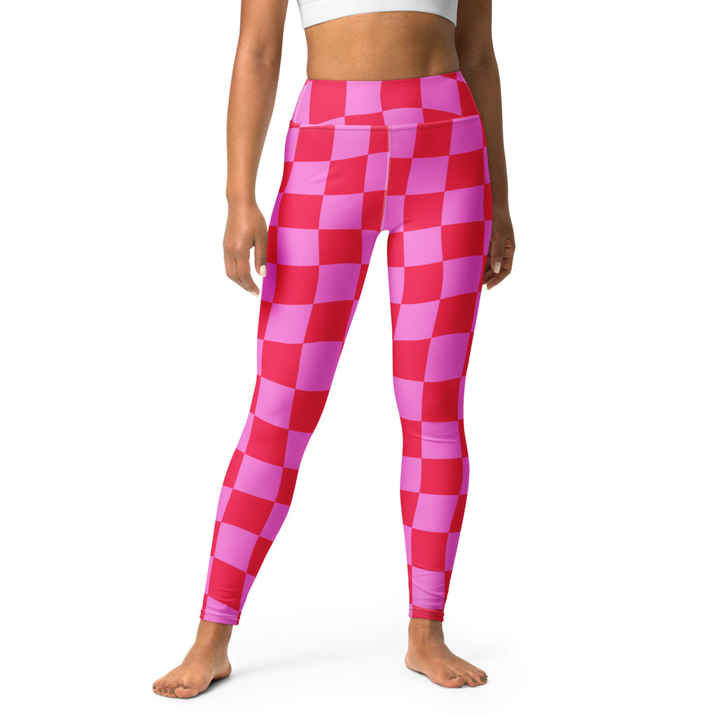 Women's Hot Pink Wavy Checkered Buttery Soft Yoga Leggings - Quick Drying, High Waisted Comfort