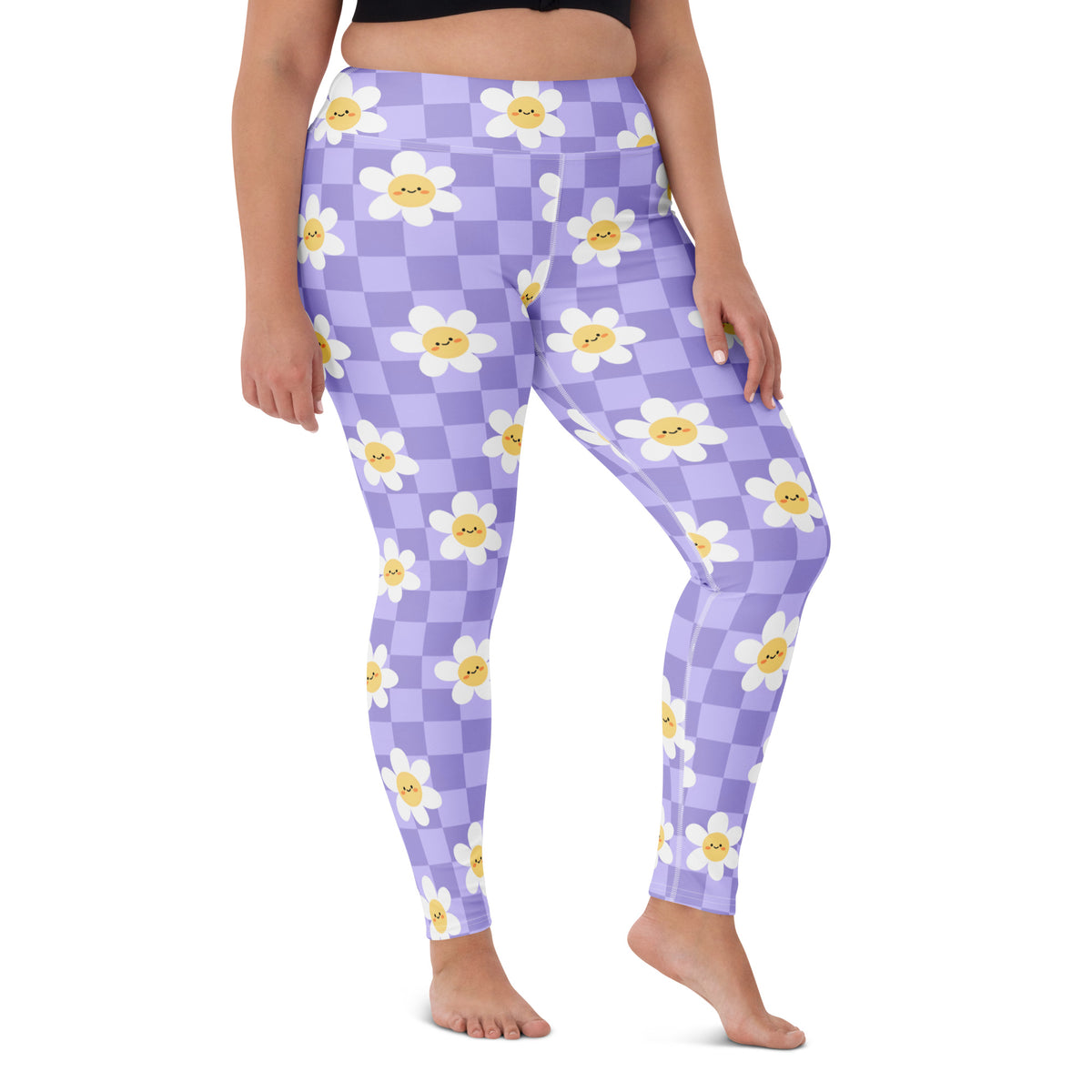Women's Purple Daisy Checkered Buttery Soft Yoga Leggings - Quick Drying, High Waisted Comfort