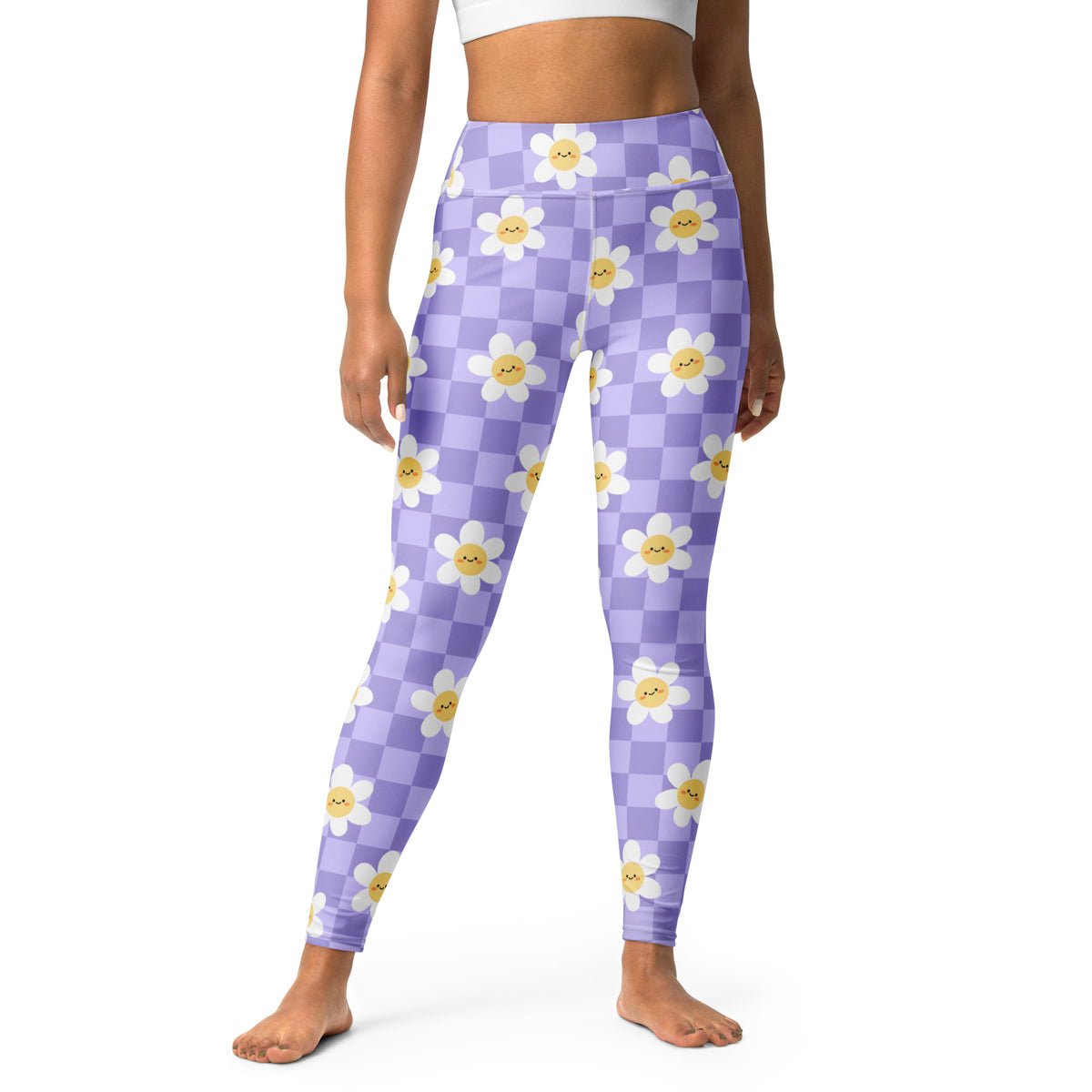 Women's Purple Daisy Checkered Buttery Soft Yoga Leggings - Quick Drying, High Waisted Comfort