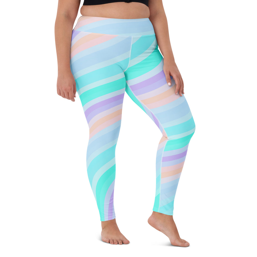 Women's Pastel Blue Rainbow Striped Buttery Soft Yoga Leggings - Quick Drying, High Waisted Comfort