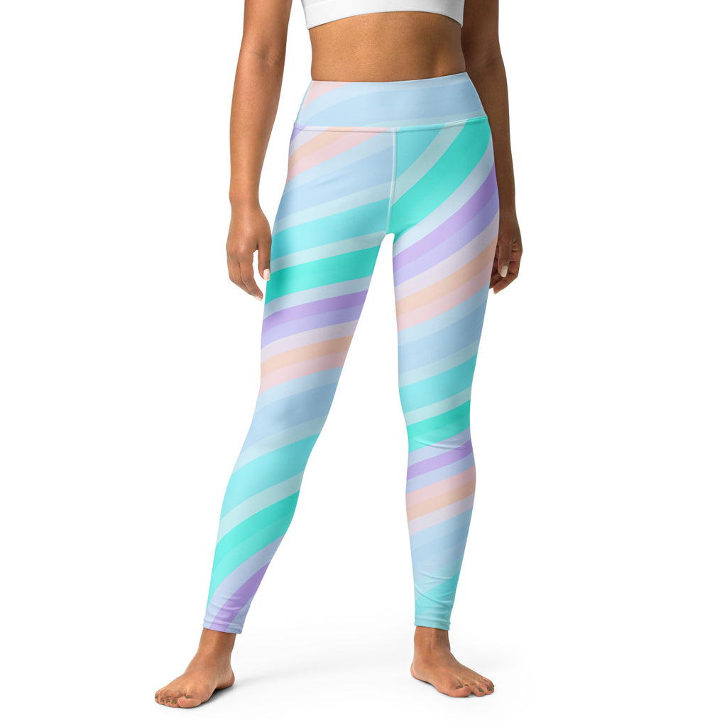 Women's Pastel Blue Rainbow Striped Buttery Soft Yoga Leggings - Quick Drying, High Waisted Comfort