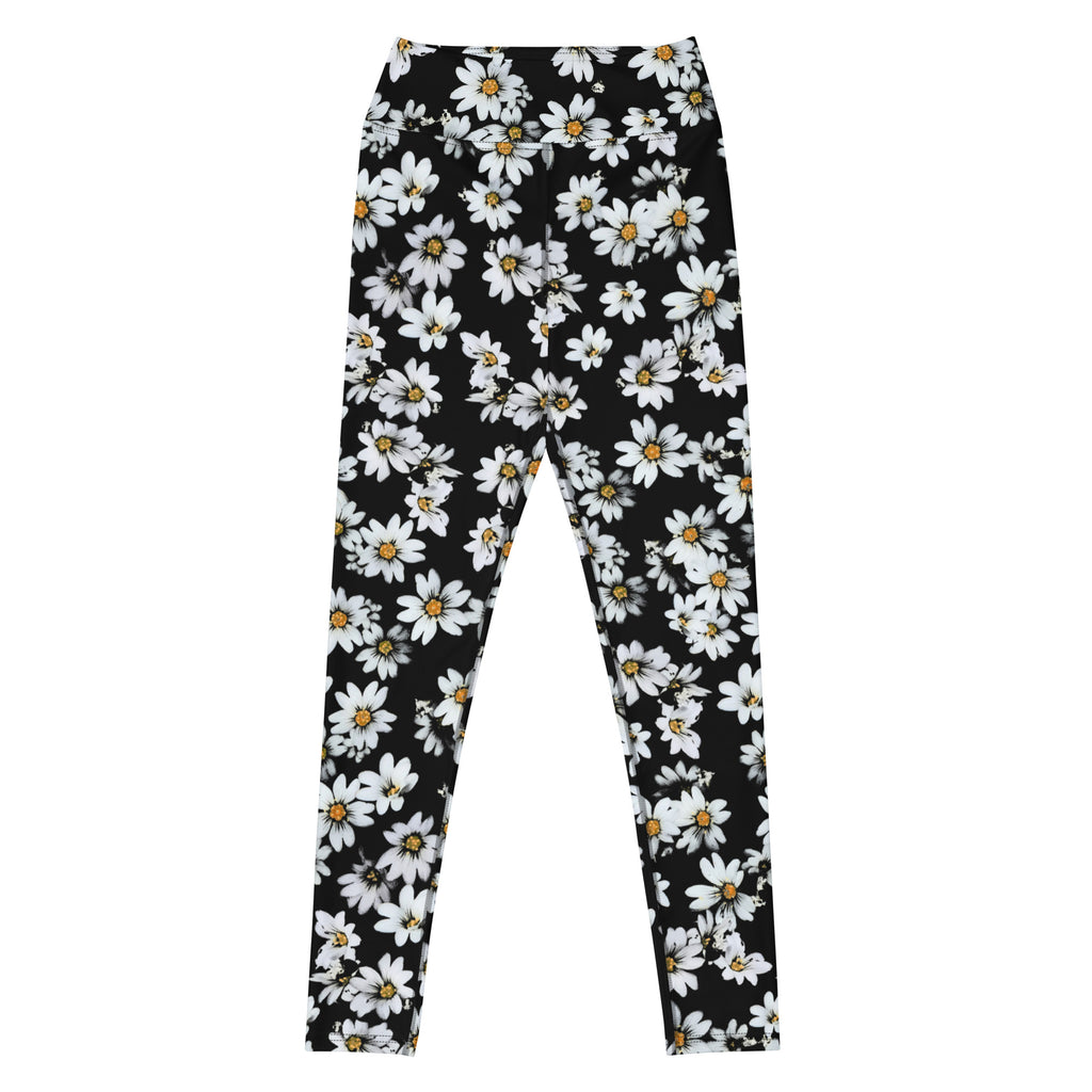 Women's Black Daisy Floral Buttery Soft Yoga Leggings - Quick Drying, High Waisted Comfort