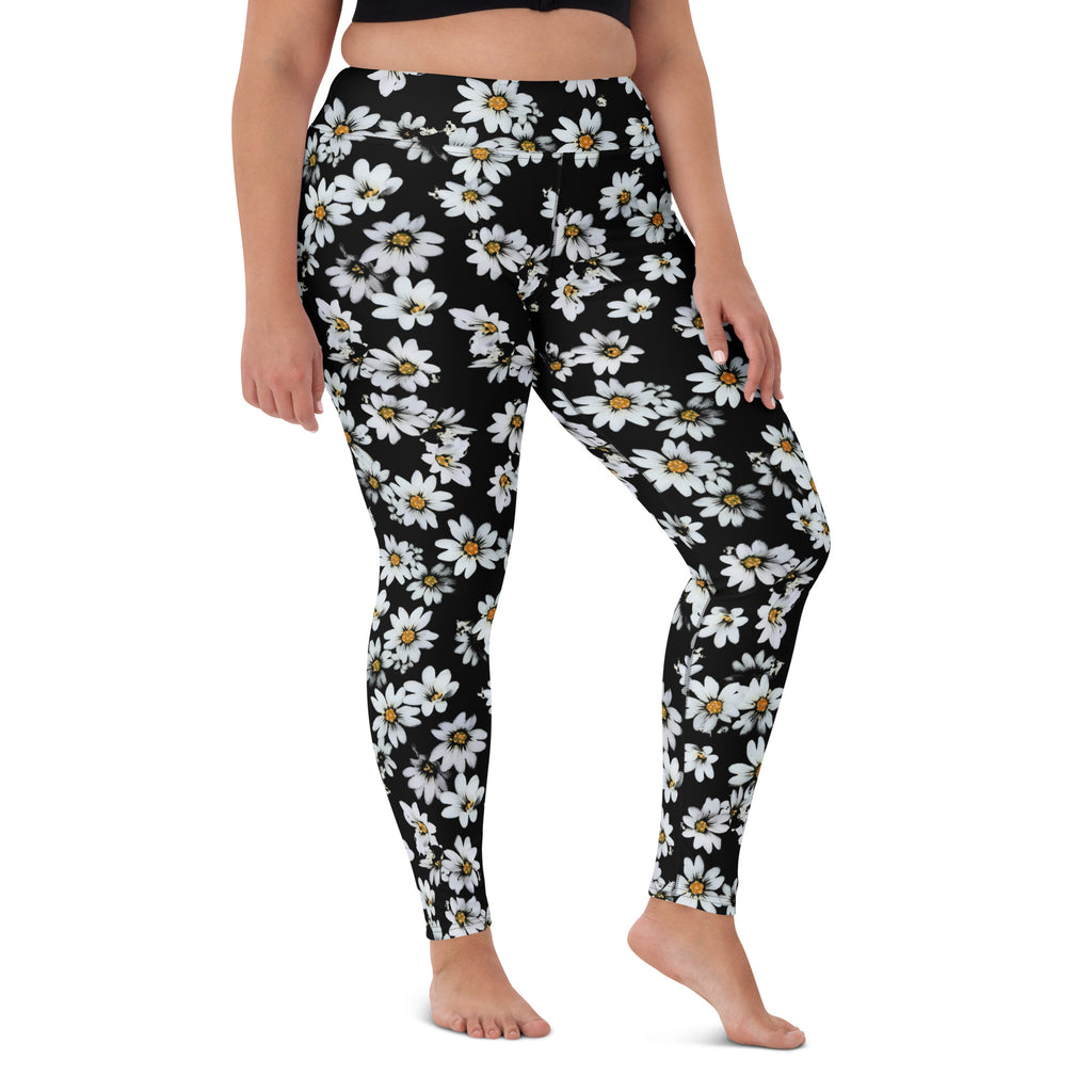 Women's Black Daisy Floral Buttery Soft Yoga Leggings - Quick Drying, High Waisted Comfort