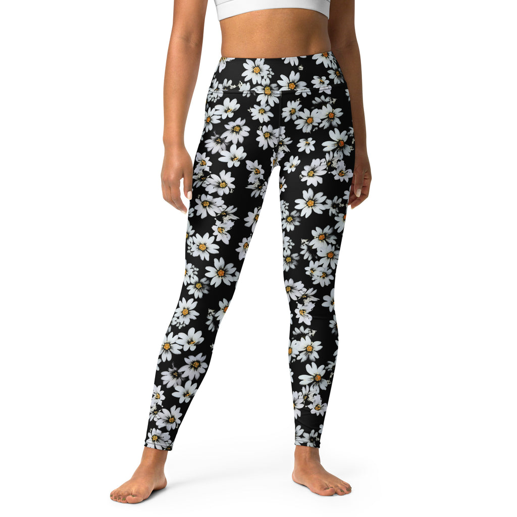 Women's Black Daisy Floral Buttery Soft Yoga Leggings - Quick Drying, High Waisted Comfort
