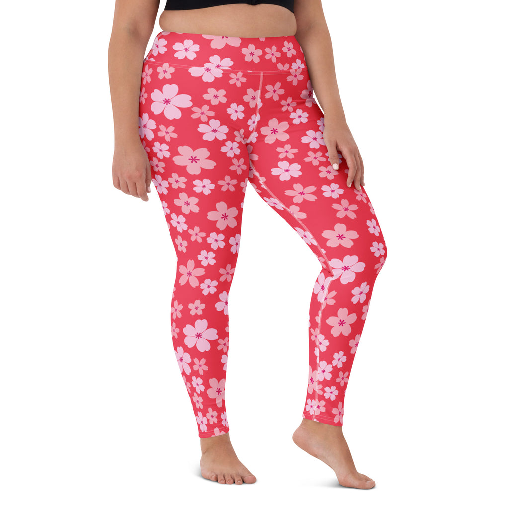 Women's Bright Pink Cherry Blossom Buttery Soft Yoga Leggings - Quick Drying, High Waisted Comfort