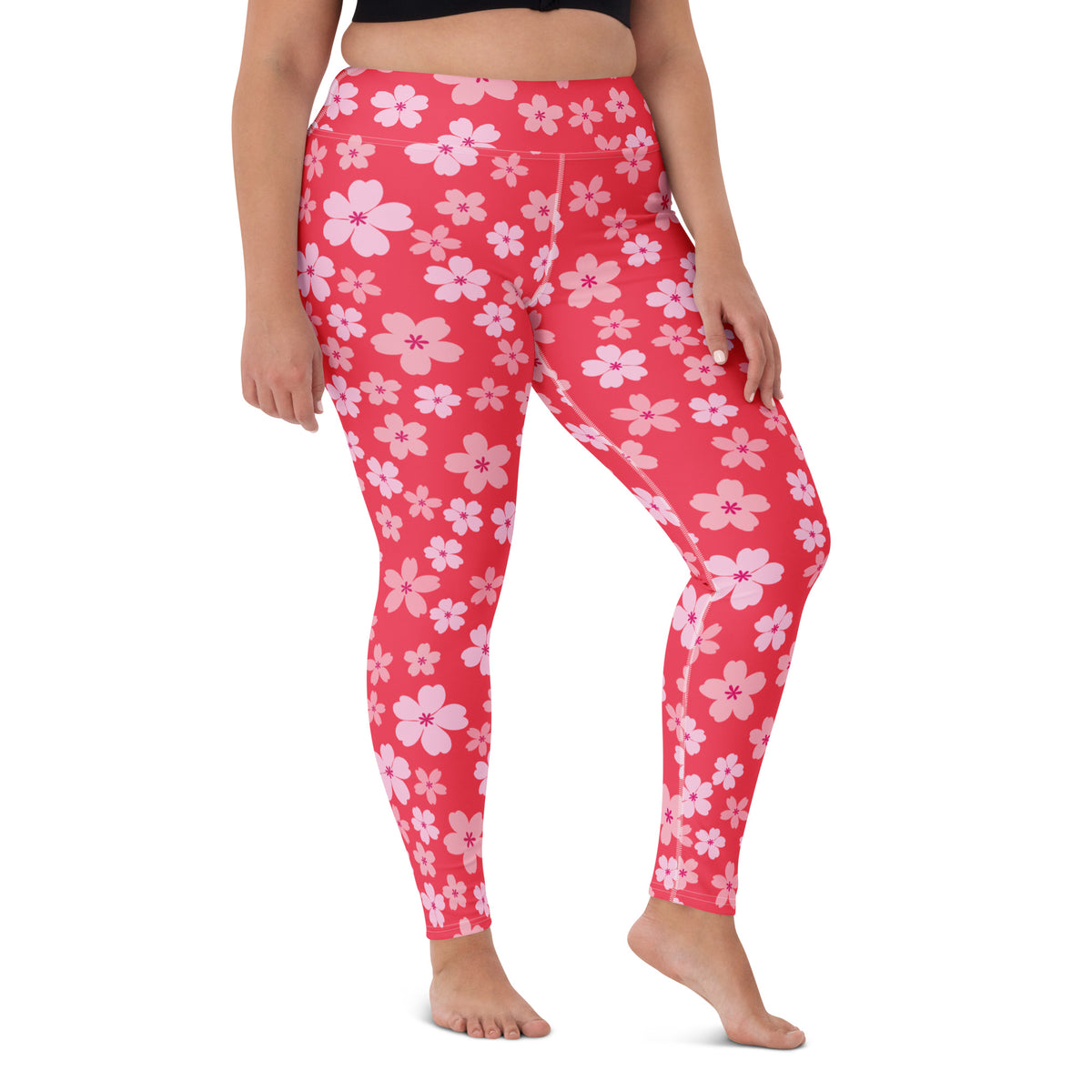 Women's Bright Pink Cherry Blossom Buttery Soft Yoga Leggings - Quick Drying, High Waisted Comfort
